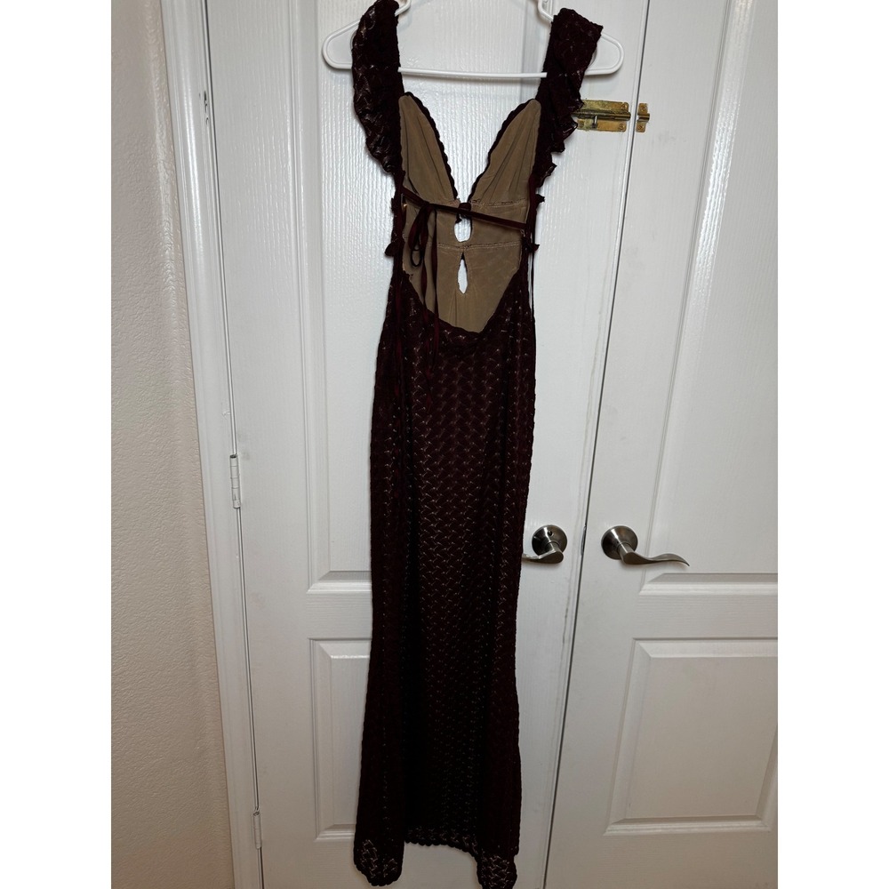 MESHKI Ezra Lace Maxi Dress XXS Open Back Ruffle Sleeve Mermaid Gown Wine - Picture 6 of 8